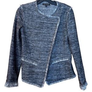 Banana Republic Marled Tweed Fringe Trim Blazer Jacket Sz XS Black/Gray